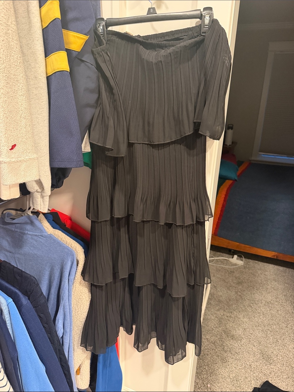 Amazon Black Off-Shoulder Tiered Pleated Maxi Dress